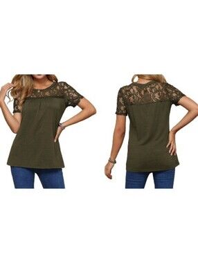 Spadehill Green Blouse Lace Sheer Illusion Neckline Cotton Blend Short Sleeves